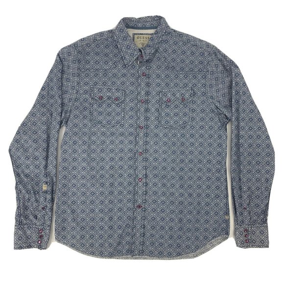 Men's Guess‎ Long Sleeve Pearl Snap Shirt Blue Geometric XL Western Cowboy - Picture 1 of 11
